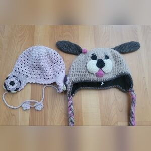 World Market Girls Sz 2T-3T Winter Hat Brown Dog With Ears & Crochet Pink Hat